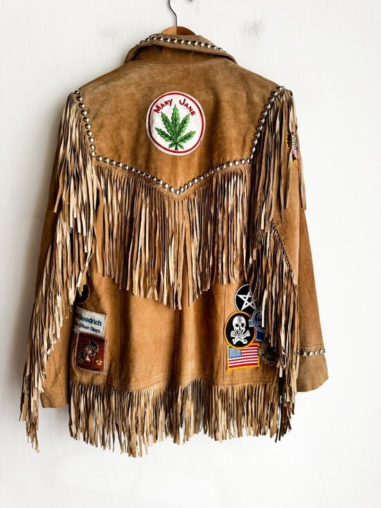 Vintage Light Beige Fringe Suede Jacket with Patches S - Picture 13 of 16